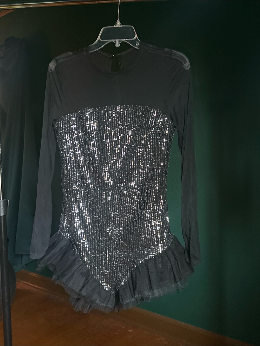 Black Sequin Costume Long-Sleeve Performance Dress/Skort
